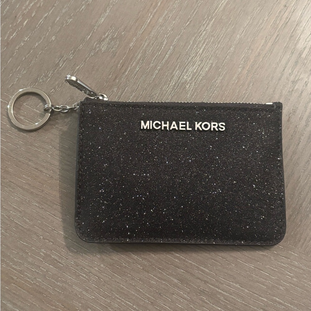 Michael Kors jet set key pouch wallet black glitter NWT